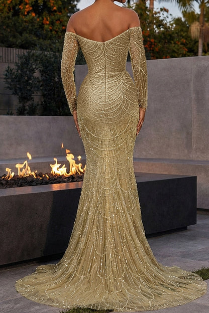 Off-Shoulder Beaded Mermaid Gown with Illusion Sleeves