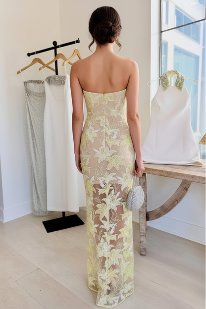 Strapless Floral Sequin Embroidered Column Gown