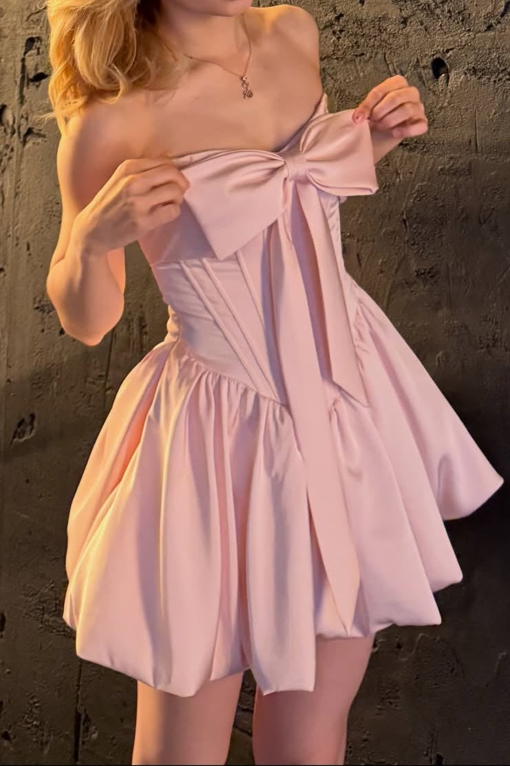 Strapless Corset Satin Mini Dress with Front Bow