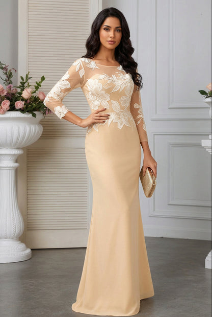 Floral Applique Illusion Long Sleeve Evening Gown