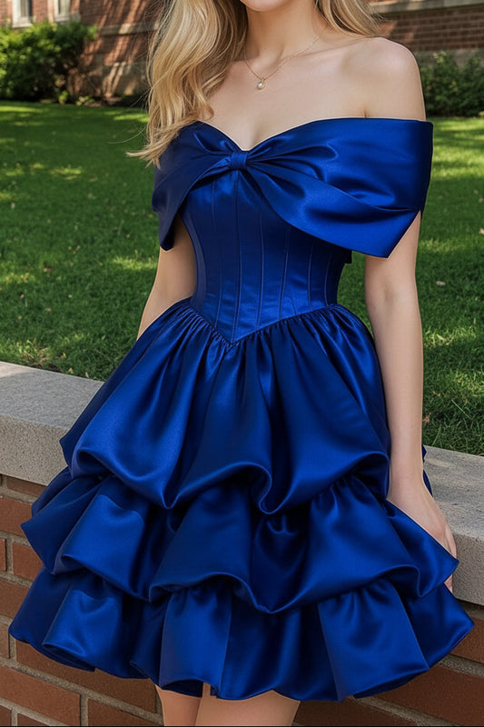 Off-the-Shoulder Bow Corset Tiered Mini Dress