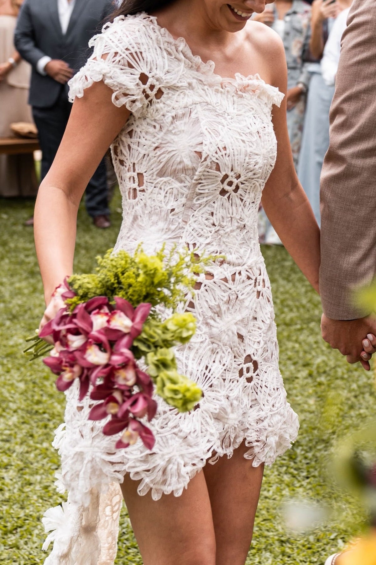 One-Shoulder Lace Mini Wedding Dress with Train