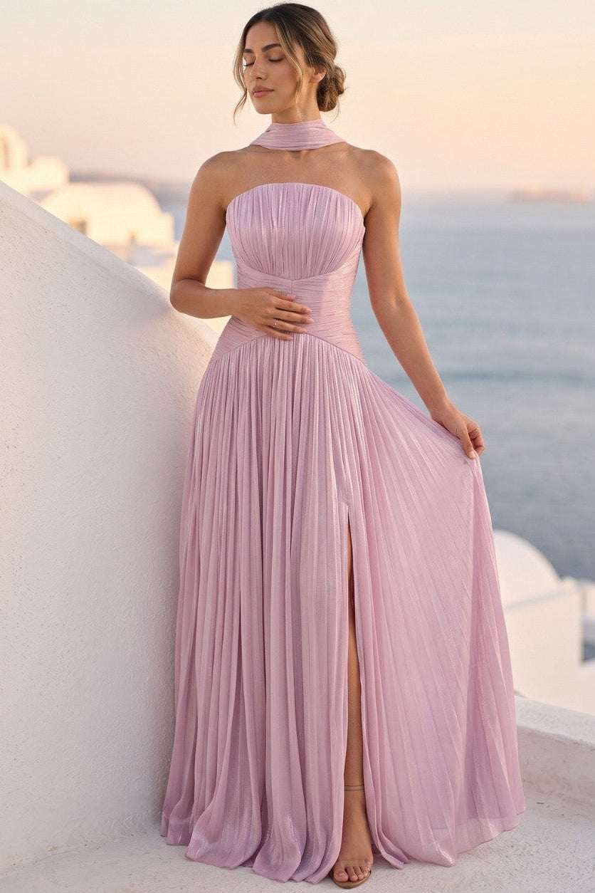 Strapless Pleated High Slit Evening Dress