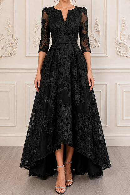 Floral Jacquard High-Low Gown with 3/4 Sleeves