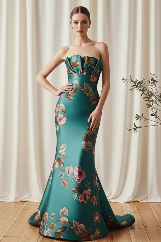 Strapless Floral Satin Evening Gown with Folded Bodice