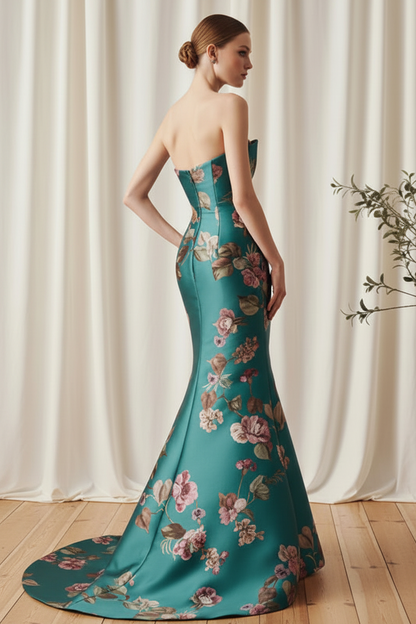 Strapless Floral Satin Evening Gown with Folded Bodice