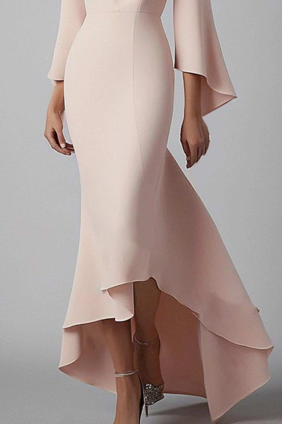 Deep V-Neck High-Low Dress with Bell Sleeves