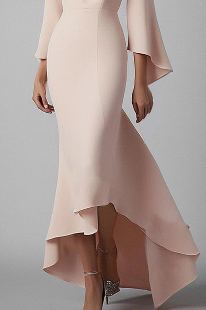 Deep V-Neck High-Low Dress with Bell Sleeves