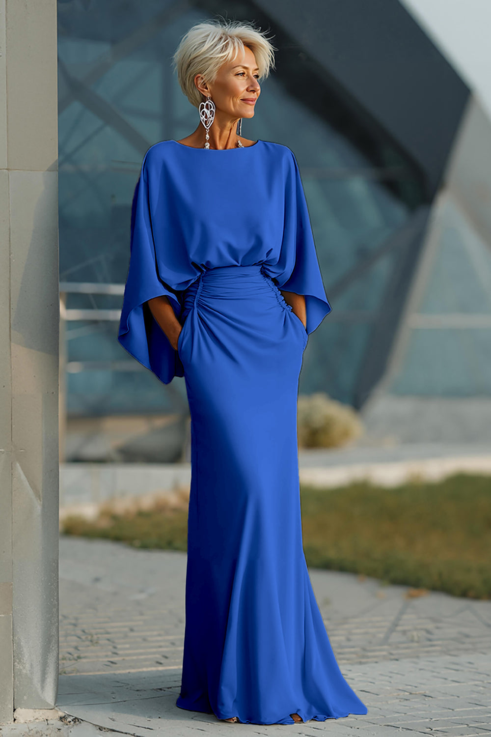 Elegant Ruched Evening Gown with Cape Sleeves