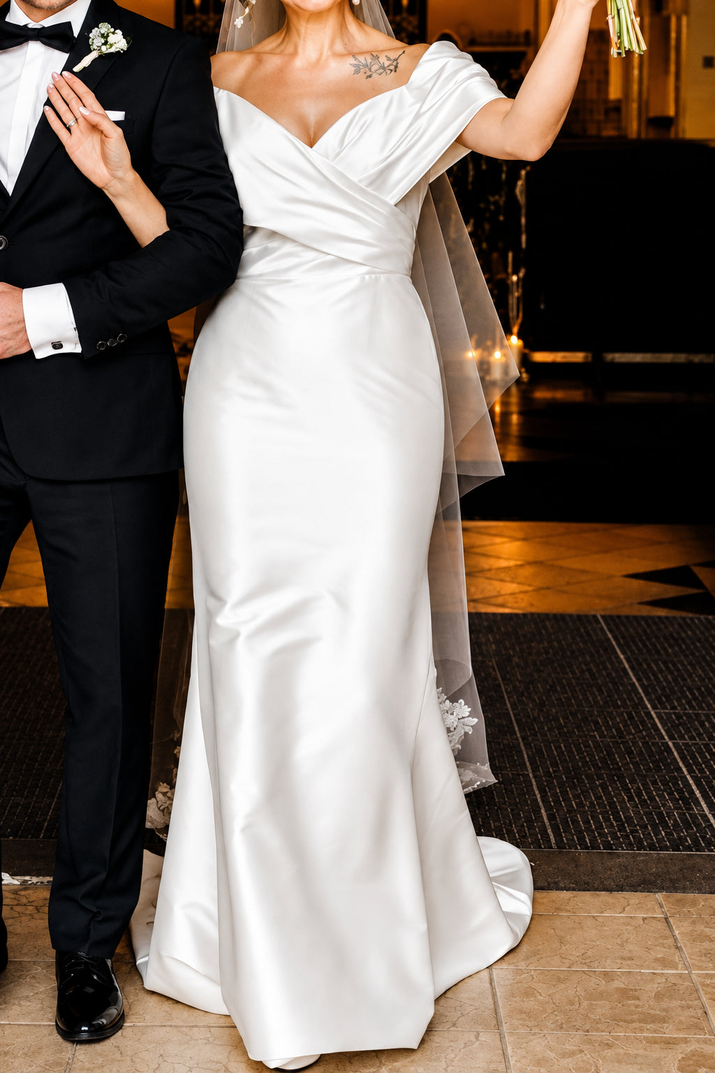 Off-the-Shoulder Crossover Satin Wedding Dress