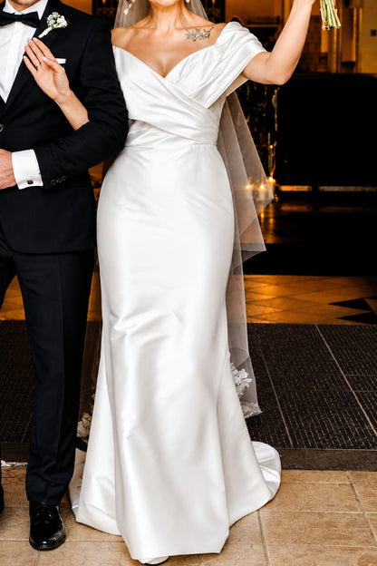 Off-the-Shoulder Crossover Satin Wedding Dress
