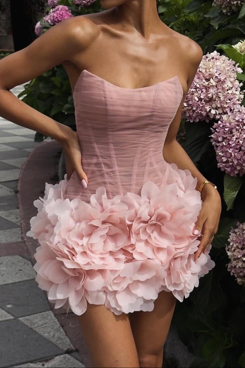 Strapless Corset Mini Dress with 3D Flower Skirt
