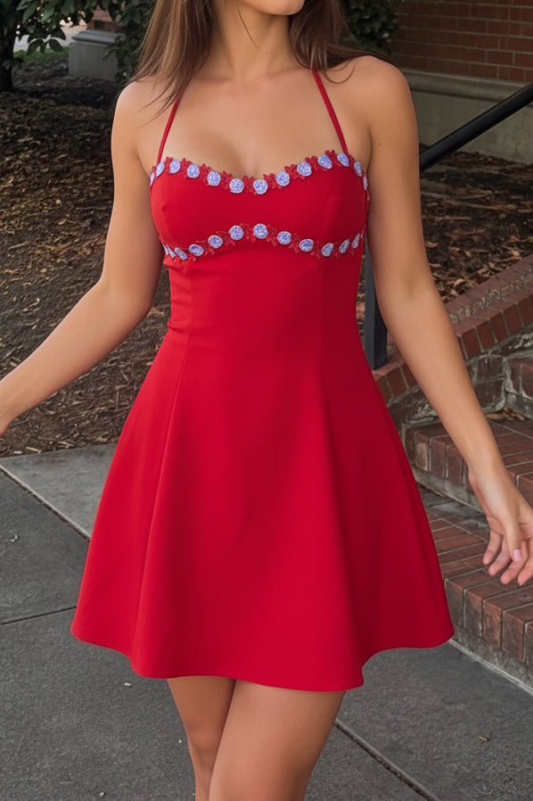 Floral Applique Mini Dress with Lace-Up Open Back