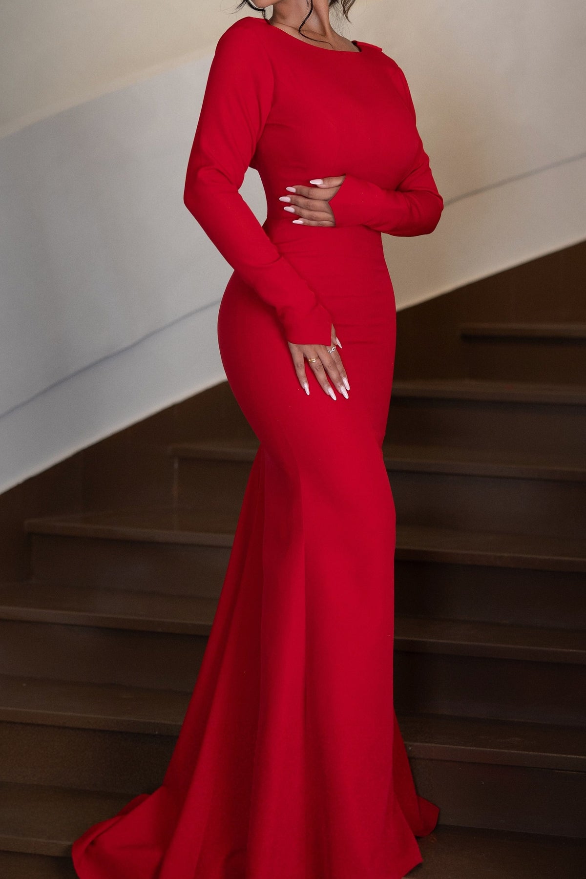 Long Sleeve Cowl Back Mermaid Gown