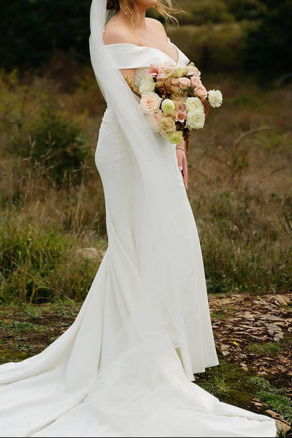 Off-the-Shoulder Fit and Flare Crepe Wedding Dress