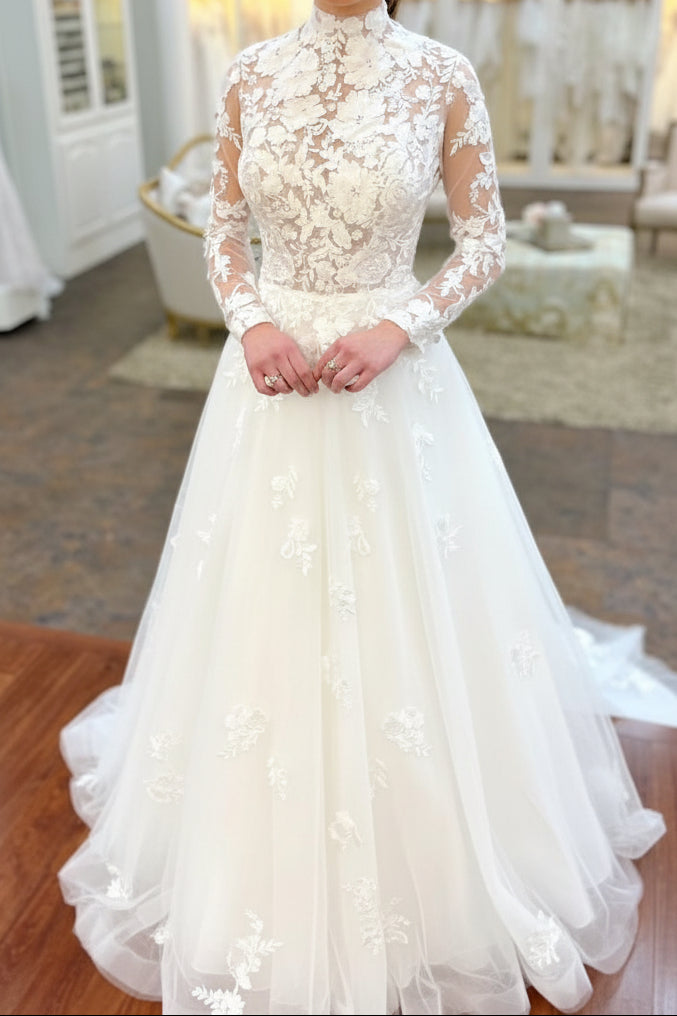 High Neck Lace A-Line Wedding Dress with Sleeves