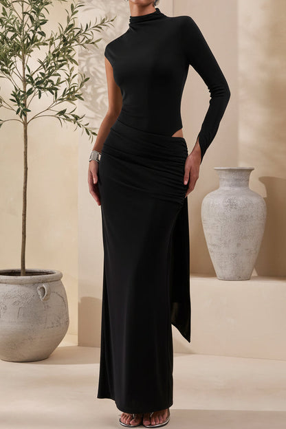 One Sleeve Mock Neck Ruched Evening Gown