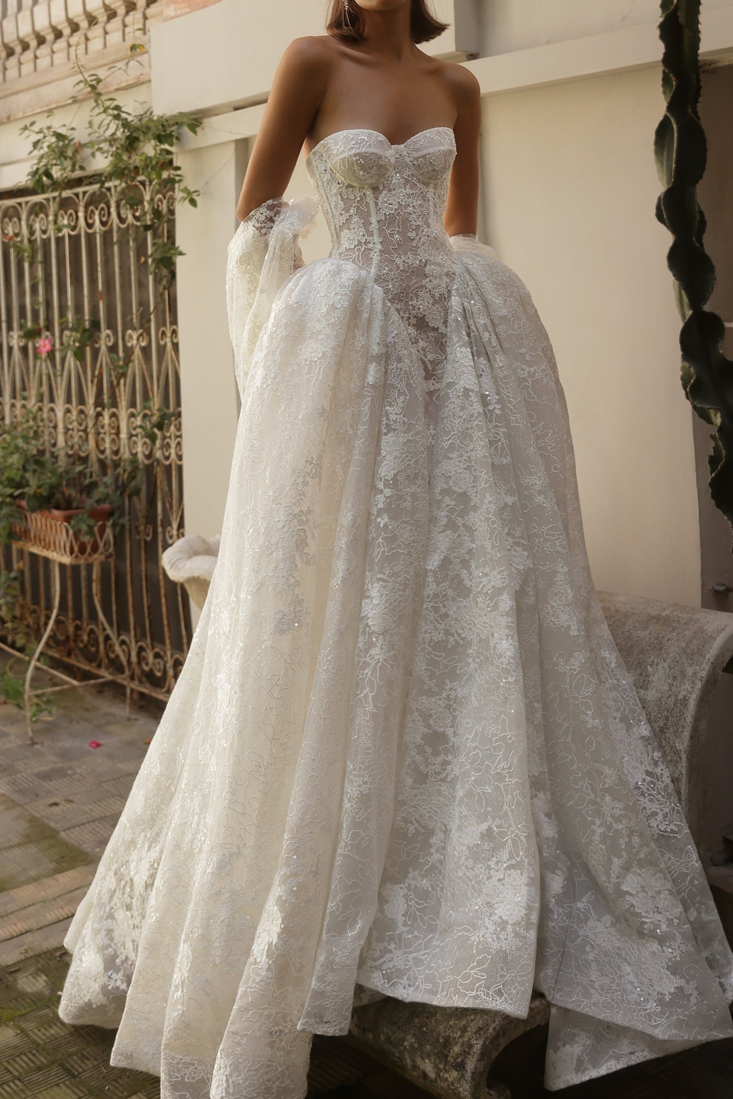 Strapless Sweetheart Lace Corset Ball Gown Wedding Dress