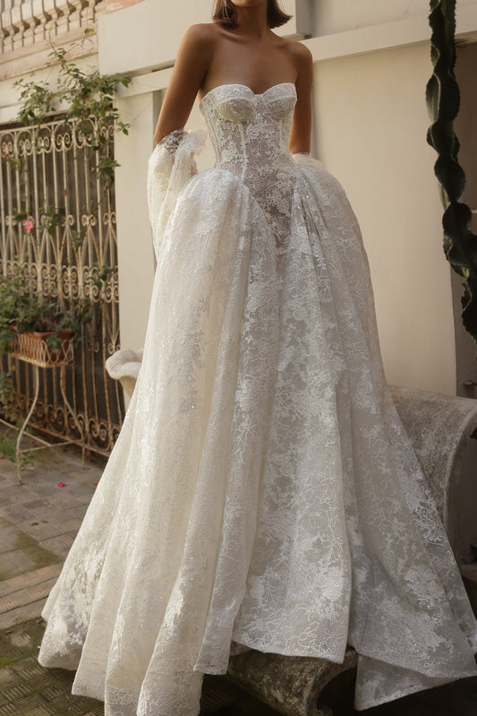 Strapless Sweetheart Lace Corset Ball Gown Wedding Dress