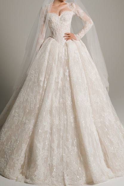Lace Long-Sleeve Ball Gown Wedding Dress