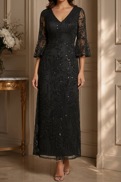 Floral Sequin V-Neck Dress with Bell Sleeves
