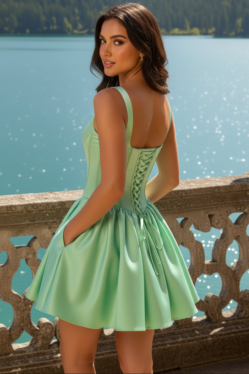 A-Line Satin Corset Mini Dress with Pockets