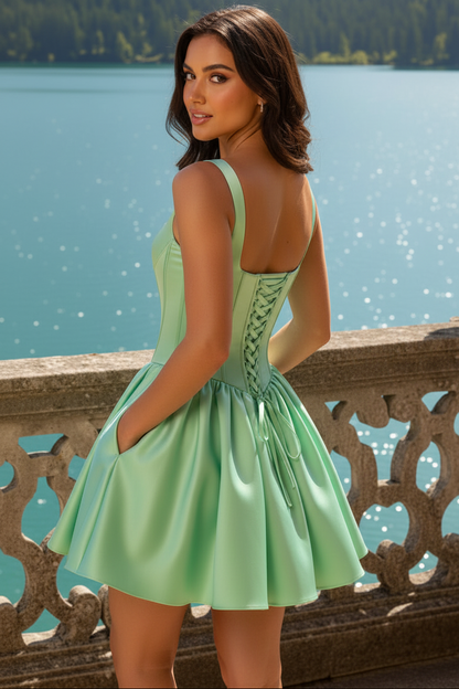 A-Line Satin Corset Mini Dress with Pockets