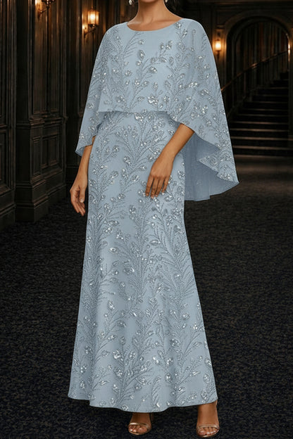 Sequin Botanical Capelet Overlay Evening Gown