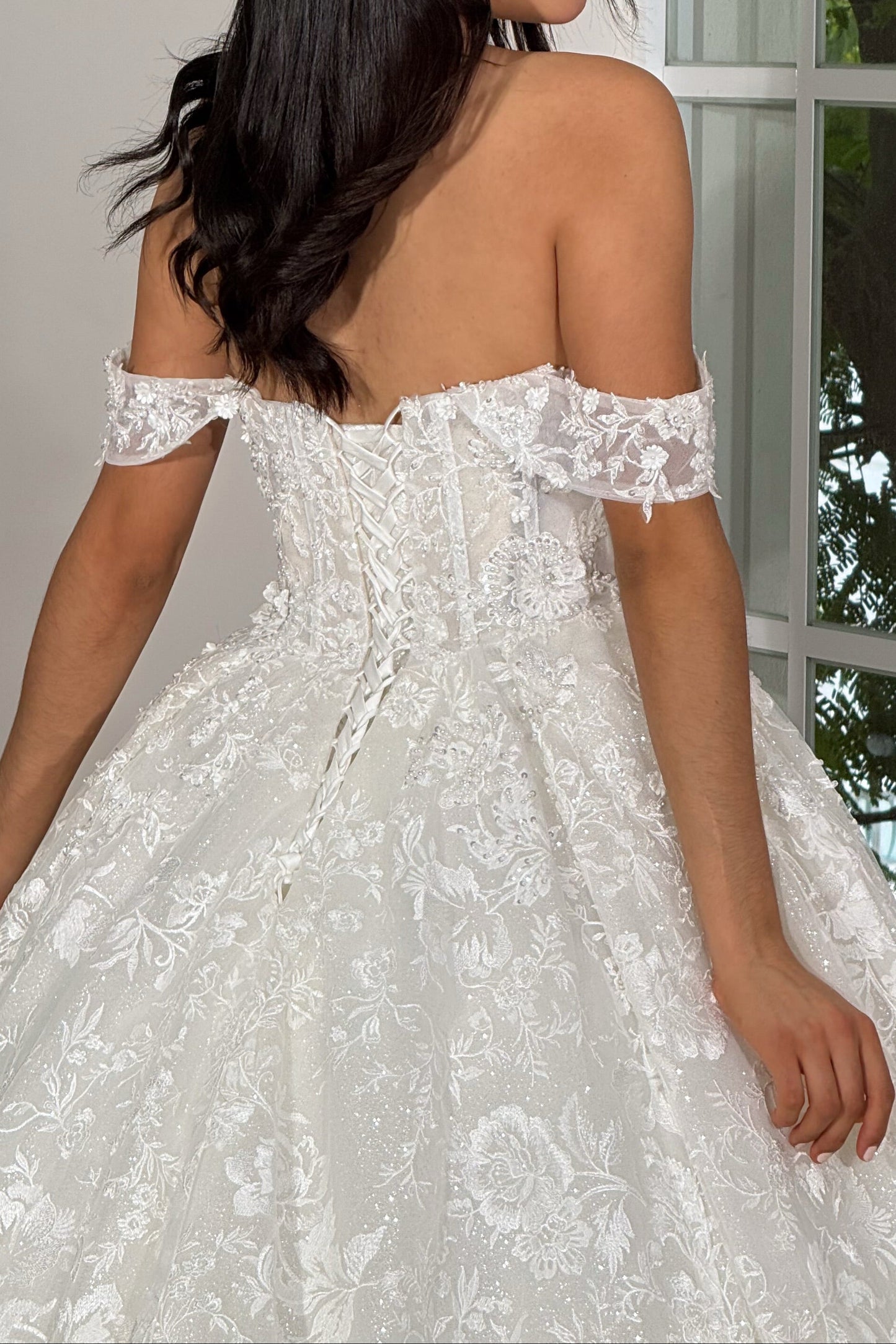 Off-the-Shoulder Lace Corset Ball Gown Wedding Dress