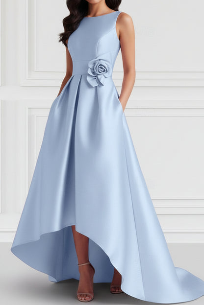 High-Low Satin Gown with Pockets and Waist Flower Detail