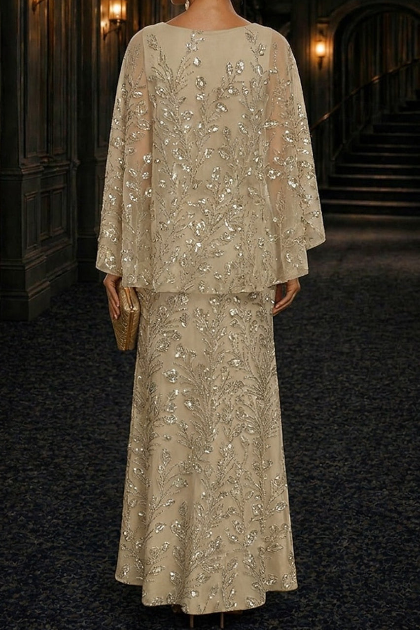 Sequin Botanical Capelet Overlay Evening Gown