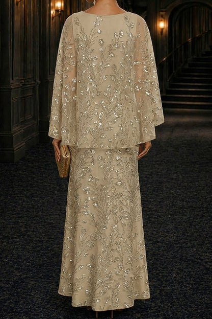 Sequin Botanical Capelet Overlay Evening Gown