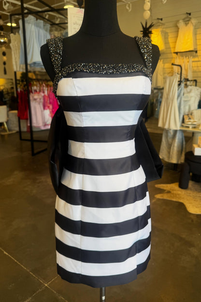 Beaded Strap Striped Mini Dress with Statement Bow