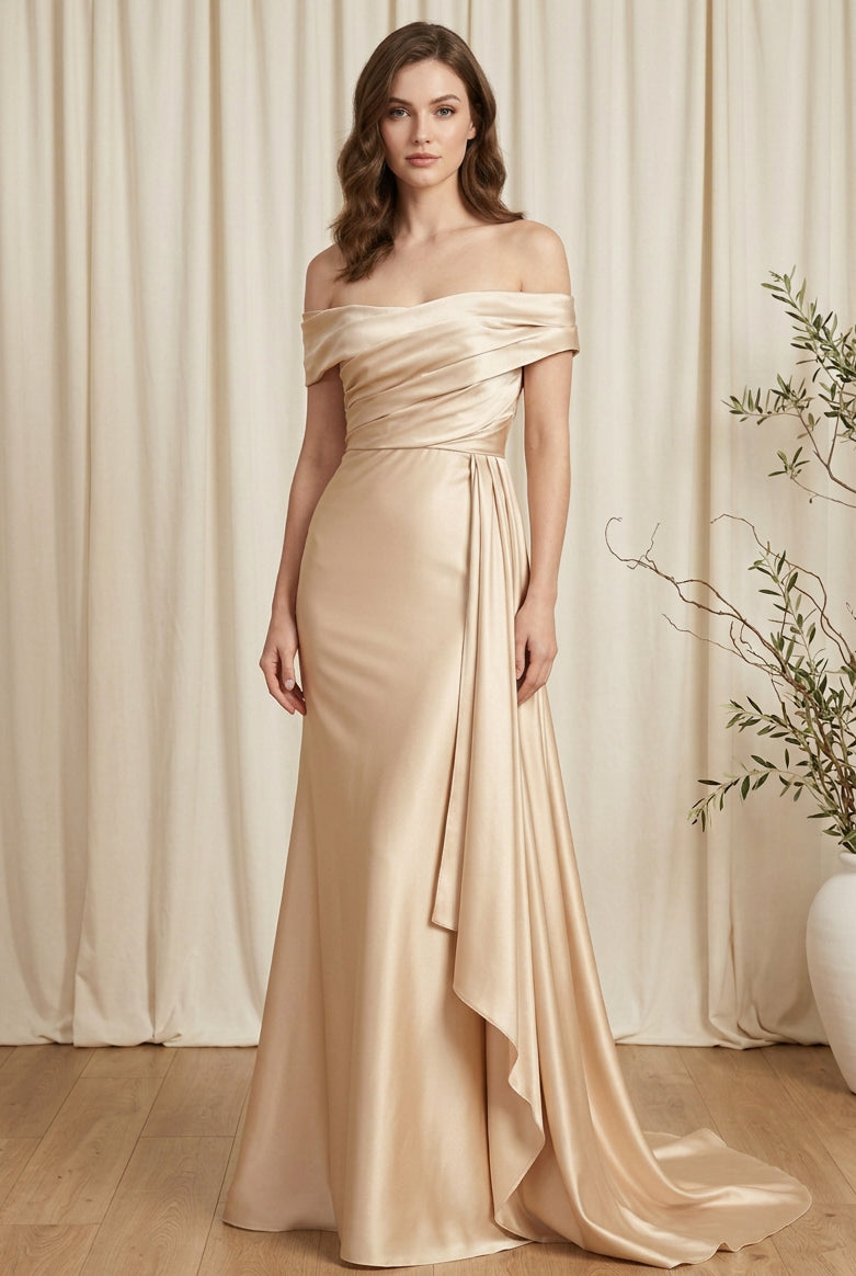Off-Shoulder Asymmetrical Satin Gown with Side Drape