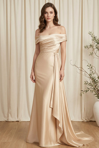 Off-Shoulder Asymmetrical Satin Gown with Side Drape