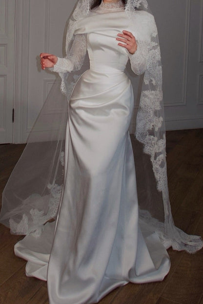High Neck Satin Trumpet Wedding Dress with Lace Sleeves