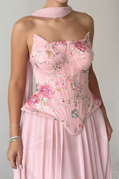 Embroidered Corset Gown with Scarf