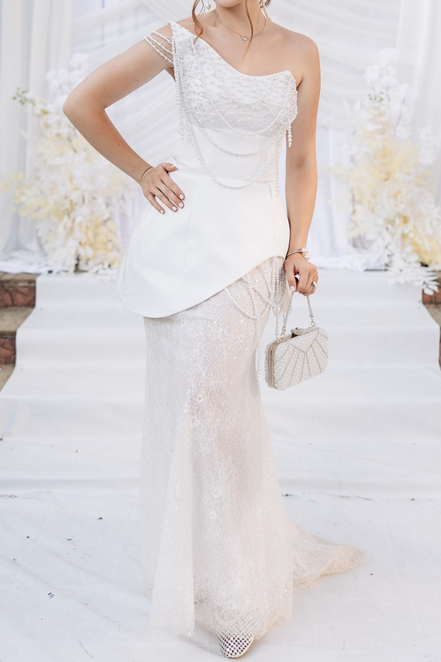 One-Shoulder Asymmetrical Pearl Mermaid Wedding Dress