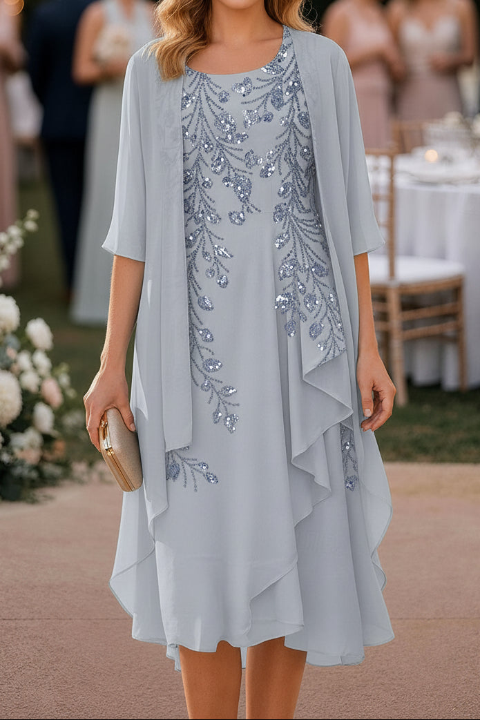 Sequin Embroidered Chiffon Dress with Cape Jacket Set