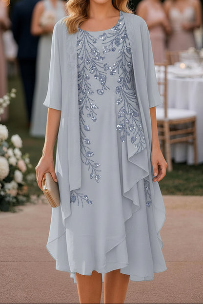 Sequin Embroidered Chiffon Dress with Cape Jacket Set