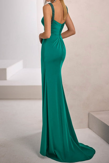 Ruched Column Gown with Beaded Straps