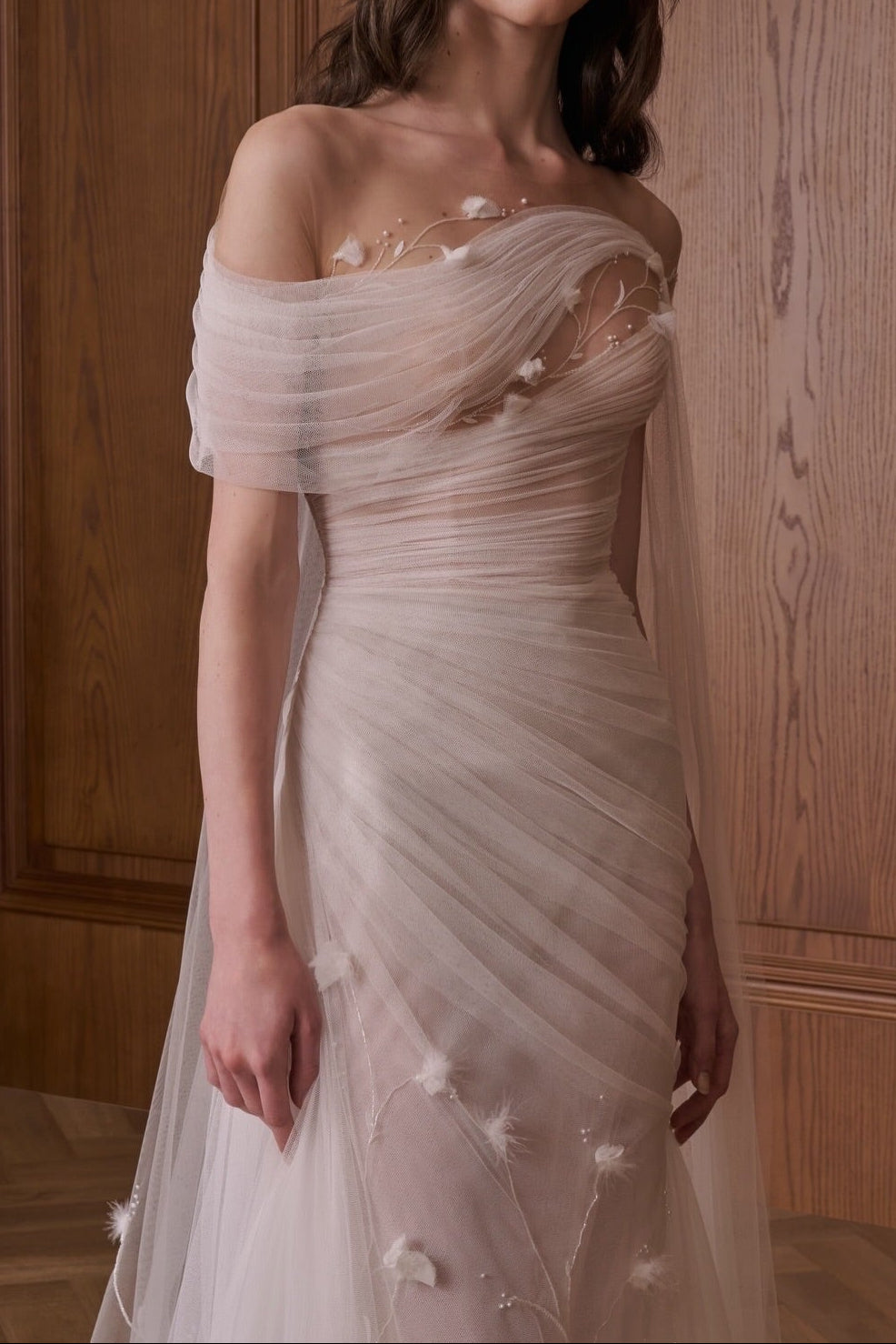 Off-the-Shoulder Ruched Tulle Wedding Dress