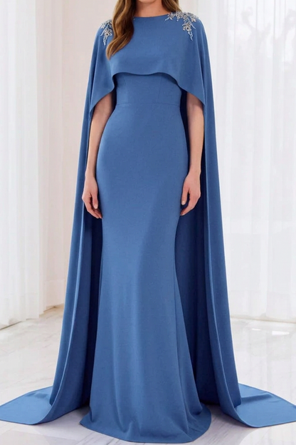 Cape Evening Gown with Beaded Shoulder Details