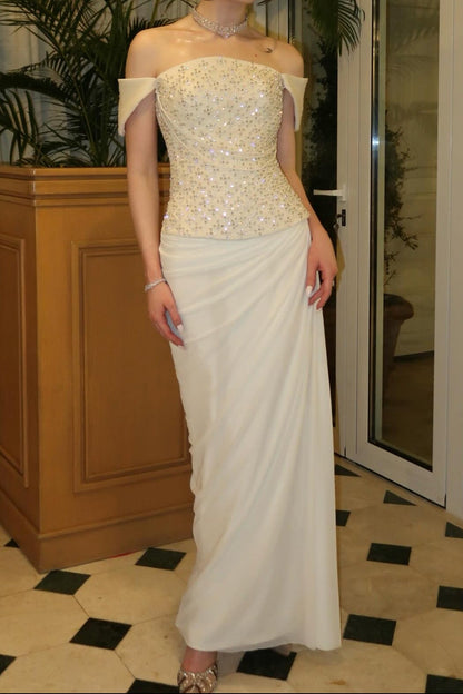 Beaded Corset Off-the-Shoulder Evening Dress
