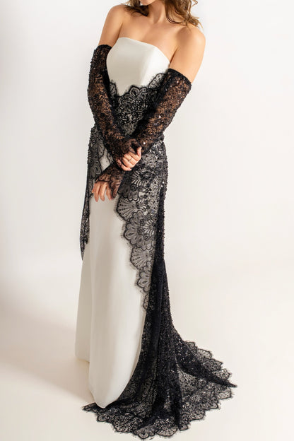 Strapless Gown with Embroidered Lace Overlay & Gloves