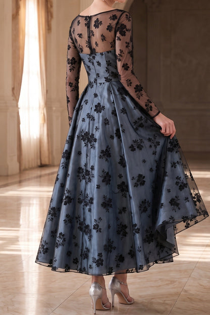 Floral Illusion Long Sleeve Tea-Length Dress