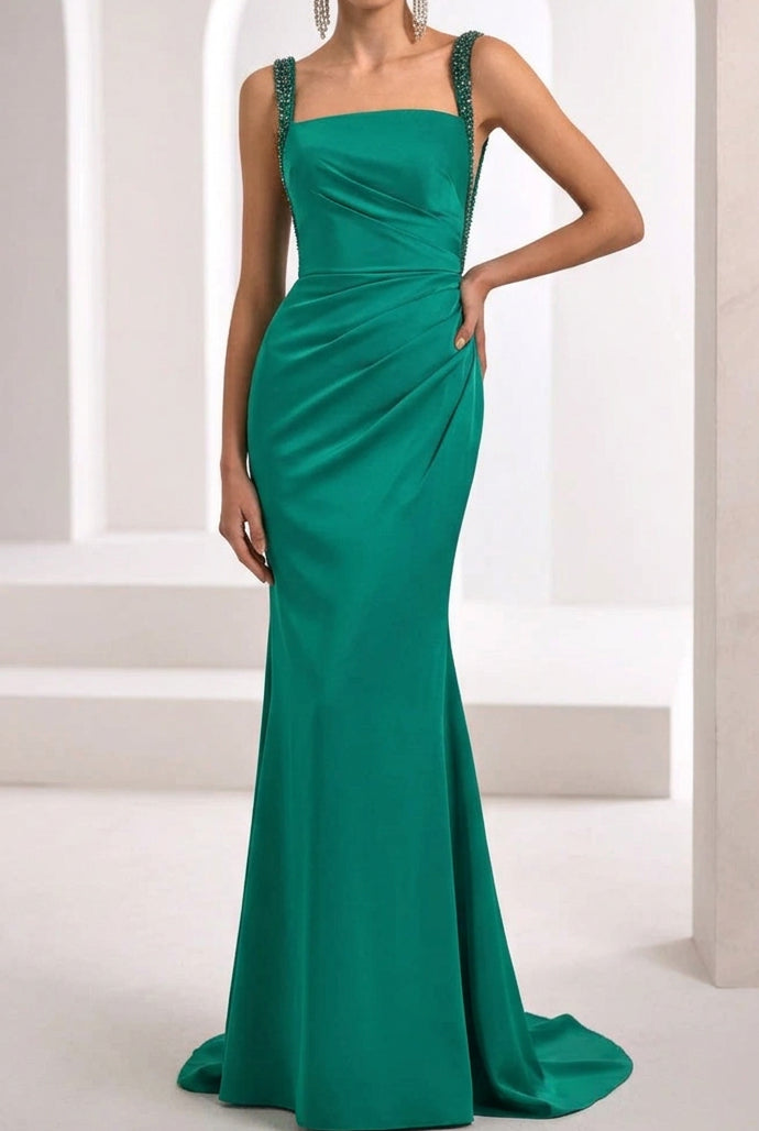 Ruched Column Gown with Beaded Straps