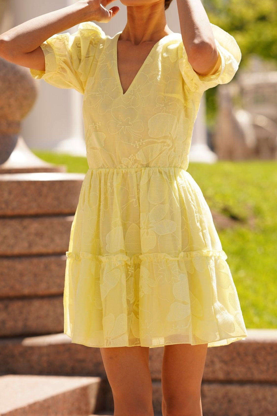 Floral Jacquard Puff Sleeve Tiered Mini Dress