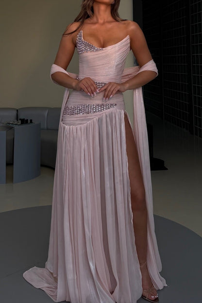 Corset Evening Gown with Beaded Accents & Slit