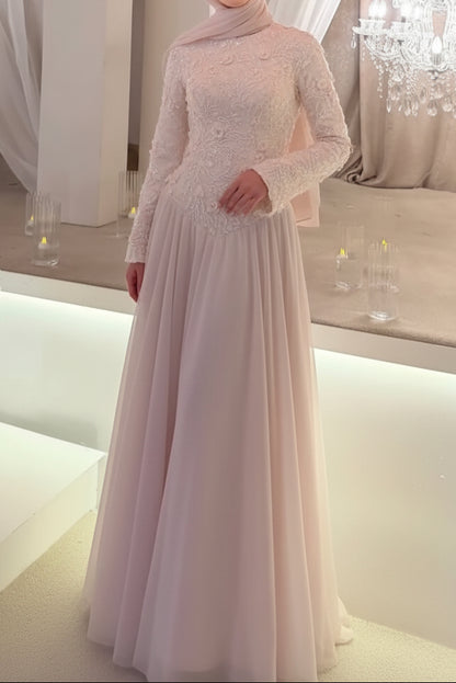 Long Sleeve A-Line Evening Gown with 3D Florals